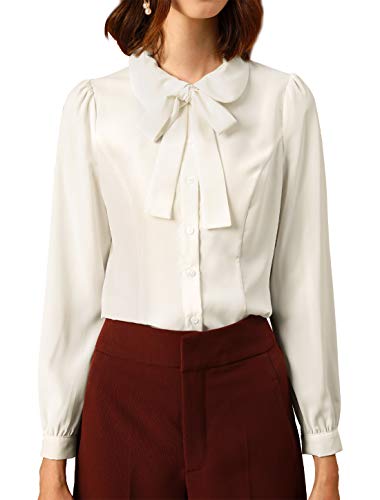 Allegra K Blusa Peter Pan Collar Botones Abajo Camisa Cuello Lazo-Auto Top De Oficina Trabajo para Mujer Blanco XL