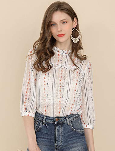 Allegra K Blusa Top De Encaje Transparente Cuello Simulacro Volante Fruncido 3/4 Mangas para Mujer Blanco L