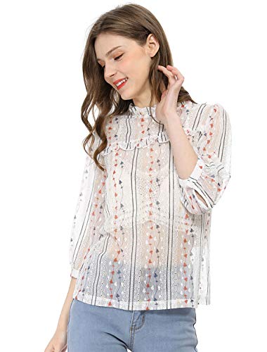 Allegra K Blusa Top De Encaje Transparente Cuello Simulacro Volante Fruncido 3/4 Mangas para Mujer Blanco L