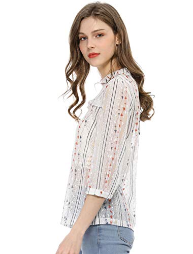Allegra K Blusa Top De Encaje Transparente Cuello Simulacro Volante Fruncido 3/4 Mangas para Mujer Blanco L