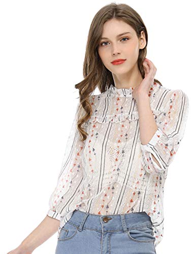 Allegra K Blusa Top De Encaje Transparente Cuello Simulacro Volante Fruncido 3/4 Mangas para Mujer Blanco L