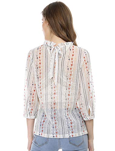 Allegra K Blusa Top De Encaje Transparente Cuello Simulacro Volante Fruncido 3/4 Mangas para Mujer Blanco L