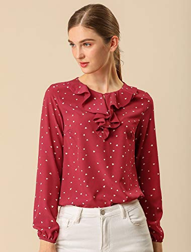 Allegra K Blusa Túnica Camisa Lunares Vintage Manga Larga Cuello De Volantes para Mujer Rojo XL