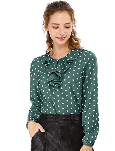 Allegra K Blusa Túnica Camisa Lunares Vintage Manga Larga Cuello De Volantes para Mujer Verde Oscuro L