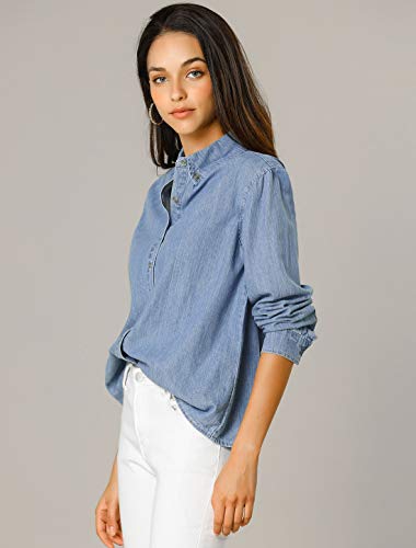 Allegra K Camisa Vaquera Manga Larga Botón Arriba Suelto Clásico para Mujer Azul Claro S