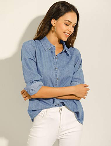 Allegra K Camisa Vaquera Manga Larga Botón Arriba Suelto Clásico para Mujer Azul Claro S