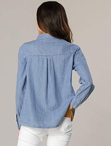 Allegra K Camisa Vaquera Manga Larga Botón Arriba Suelto Clásico para Mujer Azul Claro S