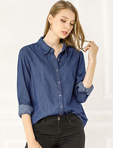 Allegra K Camisa Vaquera Manga Larga Botón Arriba Suelto Clásico para Mujer Azul Oscuro XS