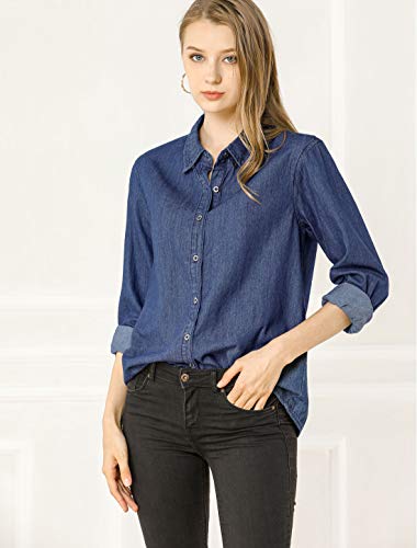 Allegra K Camisa Vaquera Manga Larga Botón Arriba Suelto Clásico para Mujer Azul Oscuro XS