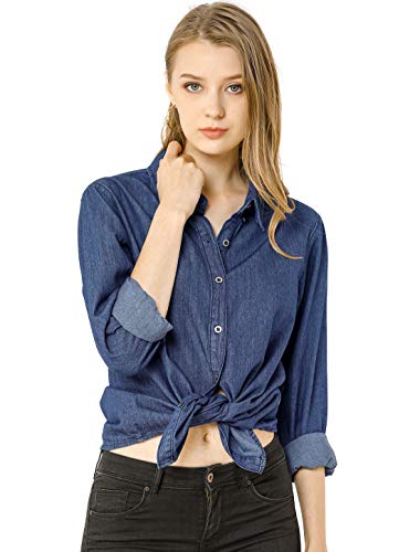 Allegra K Camisa Vaquera Manga Larga Botón Arriba Suelto Clásico para Mujer Azul Oscuro XS