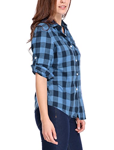 Allegra K Camiseta Mangas Enrolladas Telas Escocesas Camisa Abotonada De Cuadros Blusa para Mujer Negro y Azul XL