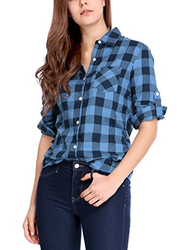 Allegra K Camiseta Mangas Enrolladas Telas Escocesas Camisa Abotonada De Cuadros Blusa para Mujer Negro y Azul XL