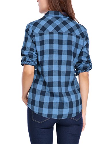 Allegra K Camiseta Mangas Enrolladas Telas Escocesas Camisa Abotonada De Cuadros Blusa para Mujer Negro y Azul XL
