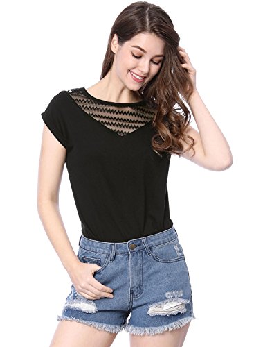 Allegra K Camiseta Top De Malla Transparente Caída del Hombro para Mujer - Negro/L (US 14), L (EU 44)