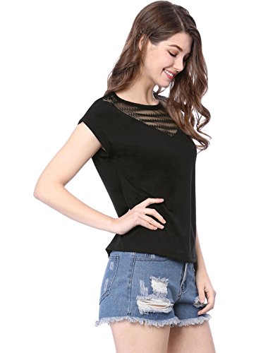 Allegra K Camiseta Top De Malla Transparente Caída del Hombro para Mujer - Negro/L (US 14), L (EU 44)