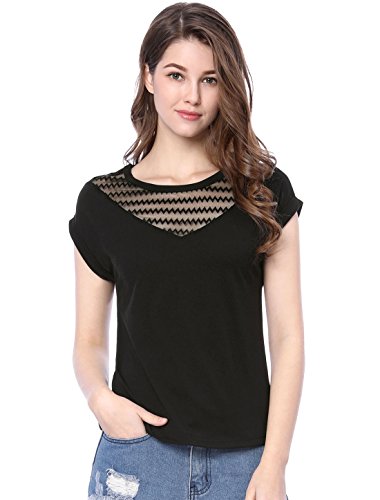 Allegra K Camiseta Top De Malla Transparente Caída del Hombro para Mujer - Negro/L (US 14), L (EU 44)