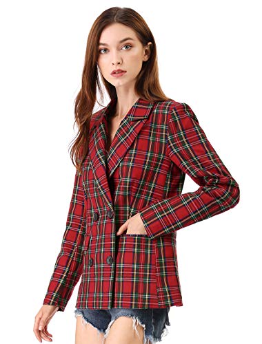 Allegra K Chaqueta Formal A Cuadros Doble Hilera De Botones Solapa con Muescas para Mujeres Rojo Verde L