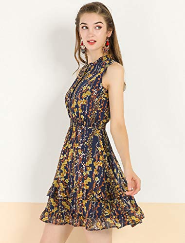 Allegra K Mini Vestido Floral De Gasa con Volantes En Niveles Cintura Fruncida A-Línea para Mujeres Azul Marino L