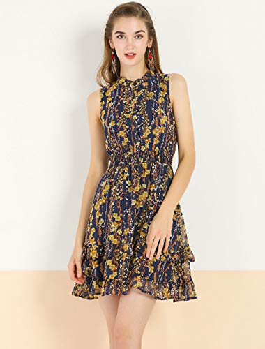 Allegra K Mini Vestido Floral De Gasa con Volantes En Niveles Cintura Fruncida A-Línea para Mujeres Azul Marino L