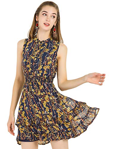 Allegra K Mini Vestido Floral De Gasa con Volantes En Niveles Cintura Fruncida A-Línea para Mujeres Azul Marino L