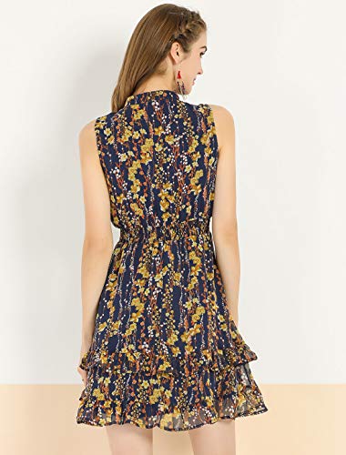 Allegra K Mini Vestido Floral De Gasa con Volantes En Niveles Cintura Fruncida A-Línea para Mujeres Azul Marino L