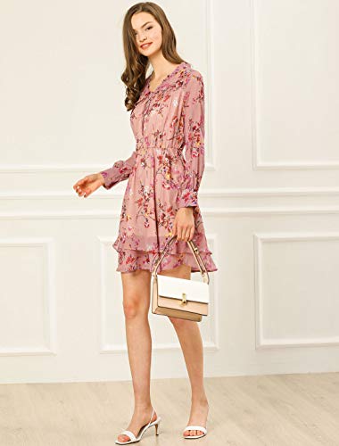 Allegra K Mini Vestido Floral De Gasa Vintage Cuello De Pico con Volantes En Capas para Mujeres Rosa M