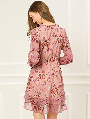 Allegra K Mini Vestido Floral De Gasa Vintage Cuello De Pico con Volantes En Capas para Mujeres Rosa M