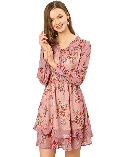 Allegra K Mini Vestido Floral De Gasa Vintage Cuello De Pico con Volantes En Capas para Mujeres Rosa M