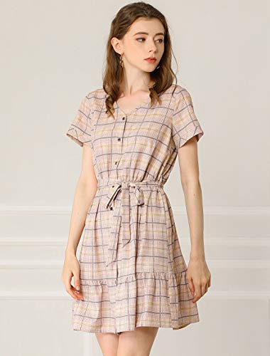 Allegra K Vestido Acampanado A-Línea De Cuadros Cuello V Botón Abajo Ceñido para Mujer Rosa Empolvado S