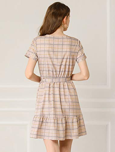 Allegra K Vestido Acampanado A-Línea De Cuadros Cuello V Botón Abajo Ceñido para Mujer Rosa Empolvado S