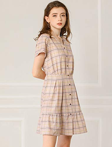Allegra K Vestido Acampanado A-Línea De Cuadros Cuello V Botón Abajo Ceñido para Mujer Rosa Empolvado S