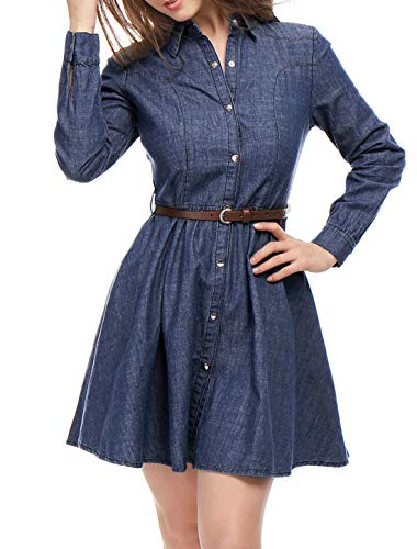 Allegra K Vestido Acampanado De Camisa sobre La Rodilla De Manga Larga con Cinturón Algodón para Mujeres Azul Oscuro XL