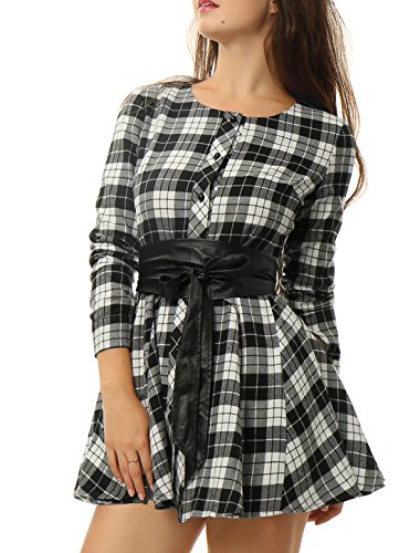 Allegra K Vestido Acampanado De Cuadros Mangas Largas con Cinturón Vestido Mini Camisero para Mujer Negro y Blanco L