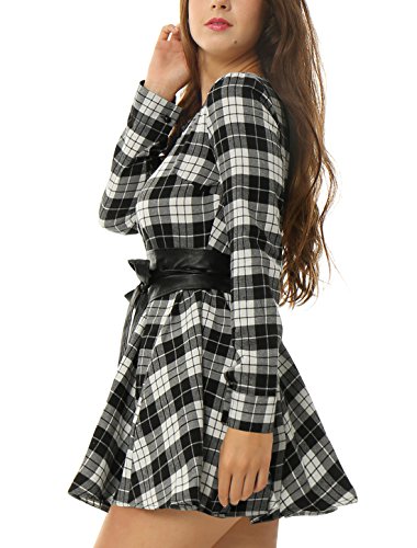 Allegra K Vestido Acampanado De Cuadros Mangas Largas con Cinturón Vestido Mini Camisero para Mujer Negro y Blanco L