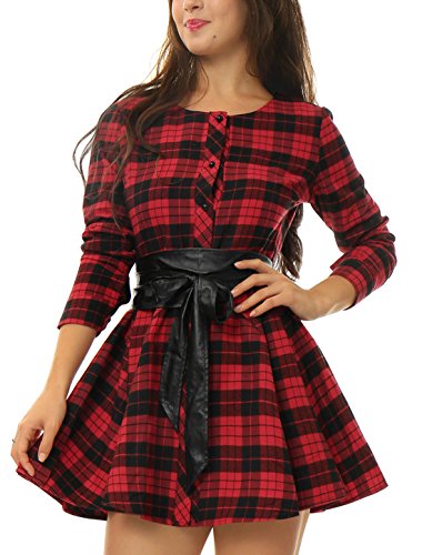 Allegra K Vestido Acampanado De Cuadros Mangas Largas con Cinturón Vestido Mini Camisero para Mujer Negro y Rojo L