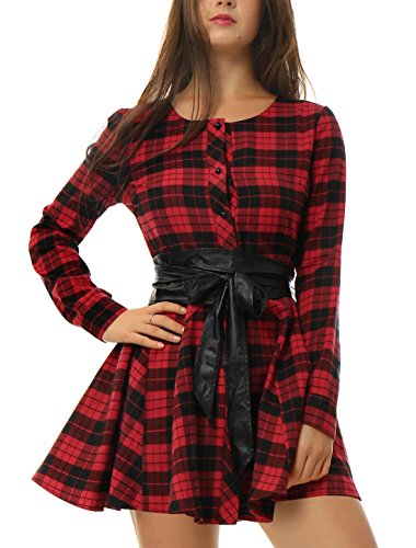 Allegra K Vestido Acampanado De Cuadros Mangas Largas con Cinturón Vestido Mini Camisero para Mujer Negro y Rojo L