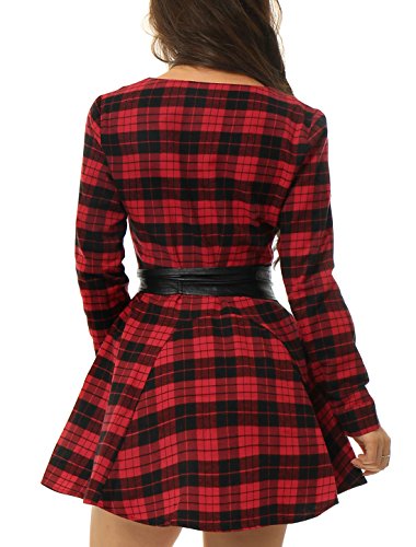 Allegra K Vestido Acampanado De Cuadros Mangas Largas con Cinturón Vestido Mini Camisero para Mujer Negro y Rojo L