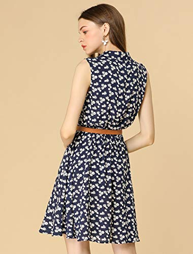 Allegra K Vestido Camisero Estampado Floral Sin Mangas con cinturón Medio Tapeta por Encima De La Rodilla para Mujeres Azul Oscuro-Floral Blanco XS