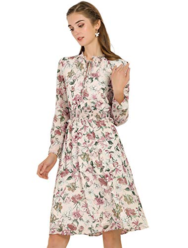 Allegra K Vestido Floral con Volantes Cintura Fruncida Cuello En V con Corbata Vintage para Mujer Rosa M