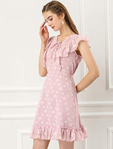 Allegra K Vestido Floral Cuello En V con Corbata Cintura Alta Dobladillo con Volantes Mangas Agitadas para Mujer Púrpura L