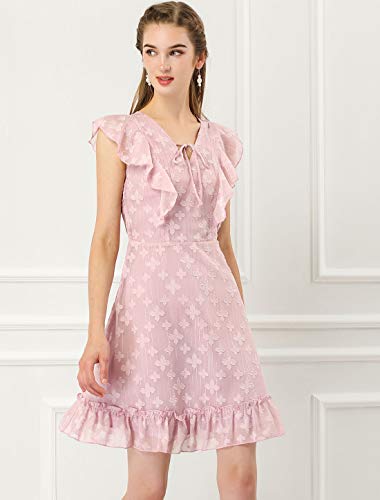 Allegra K Vestido Floral Cuello En V con Corbata Cintura Alta Dobladillo con Volantes Mangas Agitadas para Mujer Púrpura L