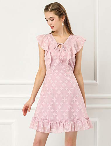 Allegra K Vestido Floral Cuello En V con Corbata Cintura Alta Dobladillo con Volantes Mangas Agitadas para Mujer Púrpura L