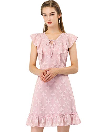 Allegra K Vestido Floral Cuello En V con Corbata Cintura Alta Dobladillo con Volantes Mangas Agitadas para Mujer Púrpura L