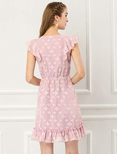 Allegra K Vestido Floral Cuello En V con Corbata Cintura Alta Dobladillo con Volantes Mangas Agitadas para Mujer Púrpura L