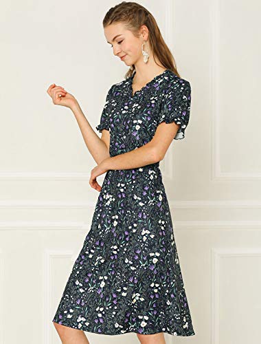 Allegra K Vestido Midi De Primavera A-Línea Estampado Floral con Volantes Cintura Elástica Manga Corta Cuello En V Linda para Mujeres Azul Marino L
