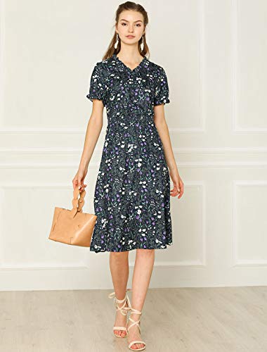 Allegra K Vestido Midi De Primavera A-Línea Estampado Floral con Volantes Cintura Elástica Manga Corta Cuello En V Linda para Mujeres Azul Marino L