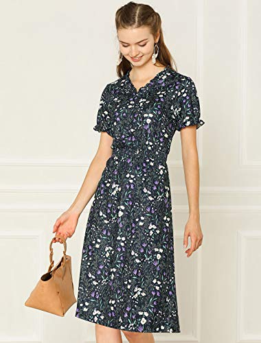 Allegra K Vestido Midi De Primavera A-Línea Estampado Floral con Volantes Cintura Elástica Manga Corta Cuello En V Linda para Mujeres Azul Marino L