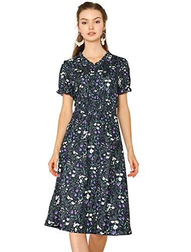 Allegra K Vestido Midi De Primavera A-Línea Estampado Floral con Volantes Cintura Elástica Manga Corta Cuello En V Linda para Mujeres Azul Marino L