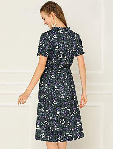 Allegra K Vestido Midi De Primavera A-Línea Estampado Floral con Volantes Cintura Elástica Manga Corta Cuello En V Linda para Mujeres Azul Marino L