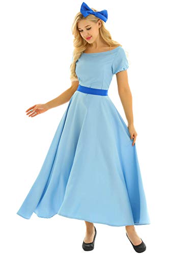 Alvivi 3 Piezas Vestido de Princesa Mujer Muchacha Disfraz Azul Fiesta Carnaval Cosplay de Anime Vestido Largo Elegante Mujer de Boda Ceremonia Verano con Diadema Light Blue Medium
